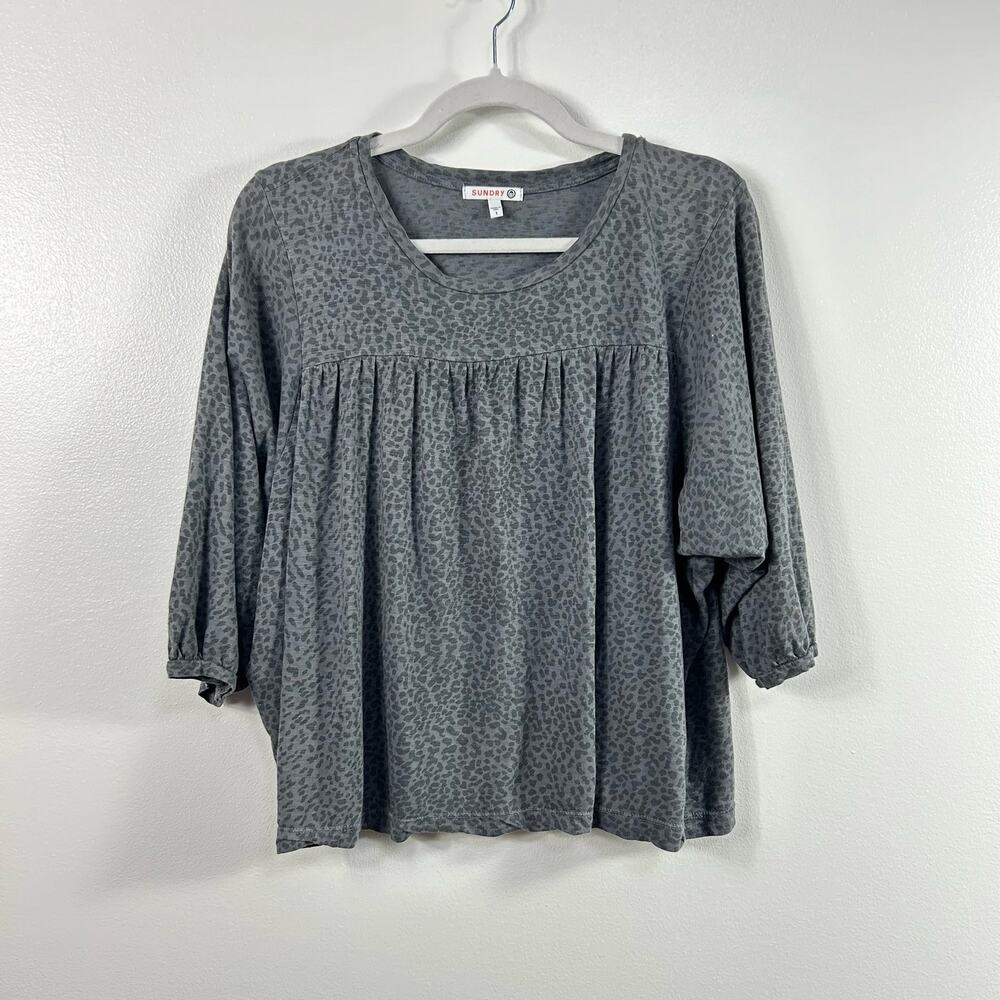 Sundry Gray Leopard Print 3/4 Sleeve Blouse Flowy Made in USA Pima Cotton Small